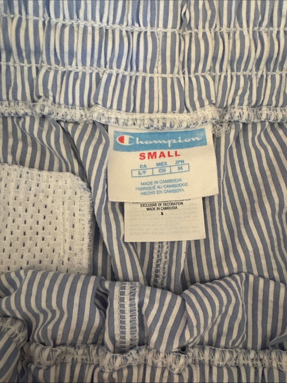 Champion Seersucker Stripe Athletic Shorts in Blue, White with Pink Drawstring. - Picture 3 of 3